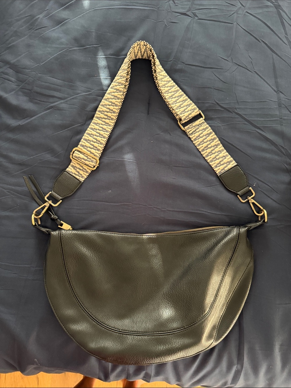 Anthropologie Black Leather Crossbody Bag with Woven Strap